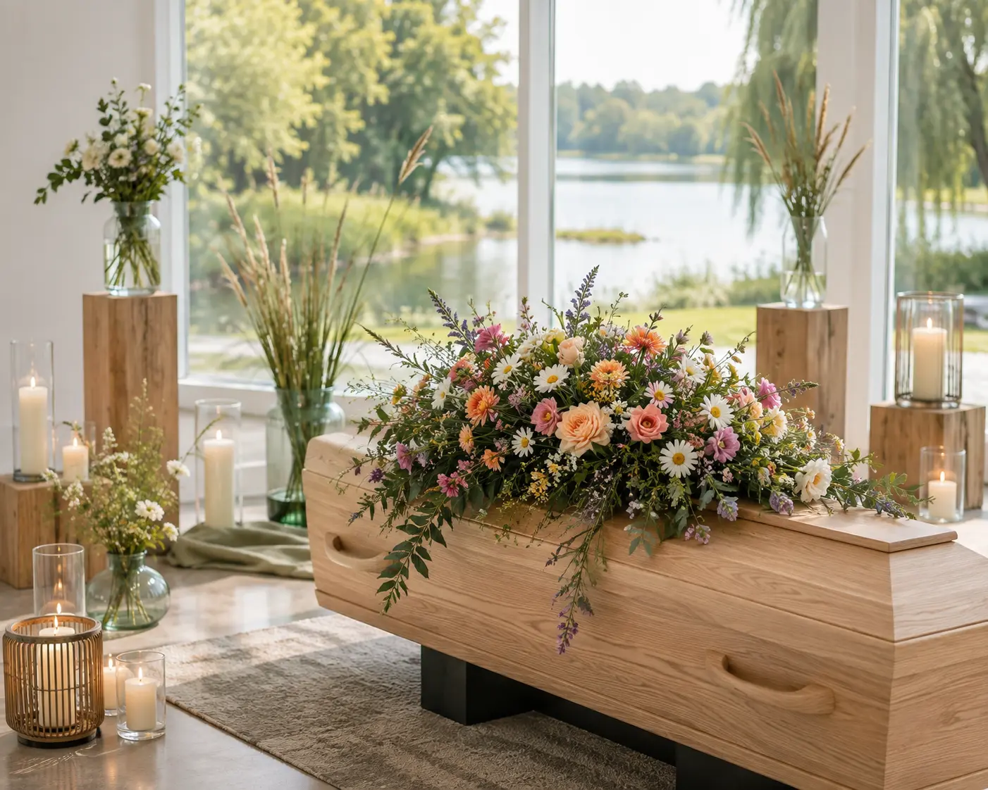 Heller Sarg mit persönlichem Blumenschmuck für eine Erdbestattung