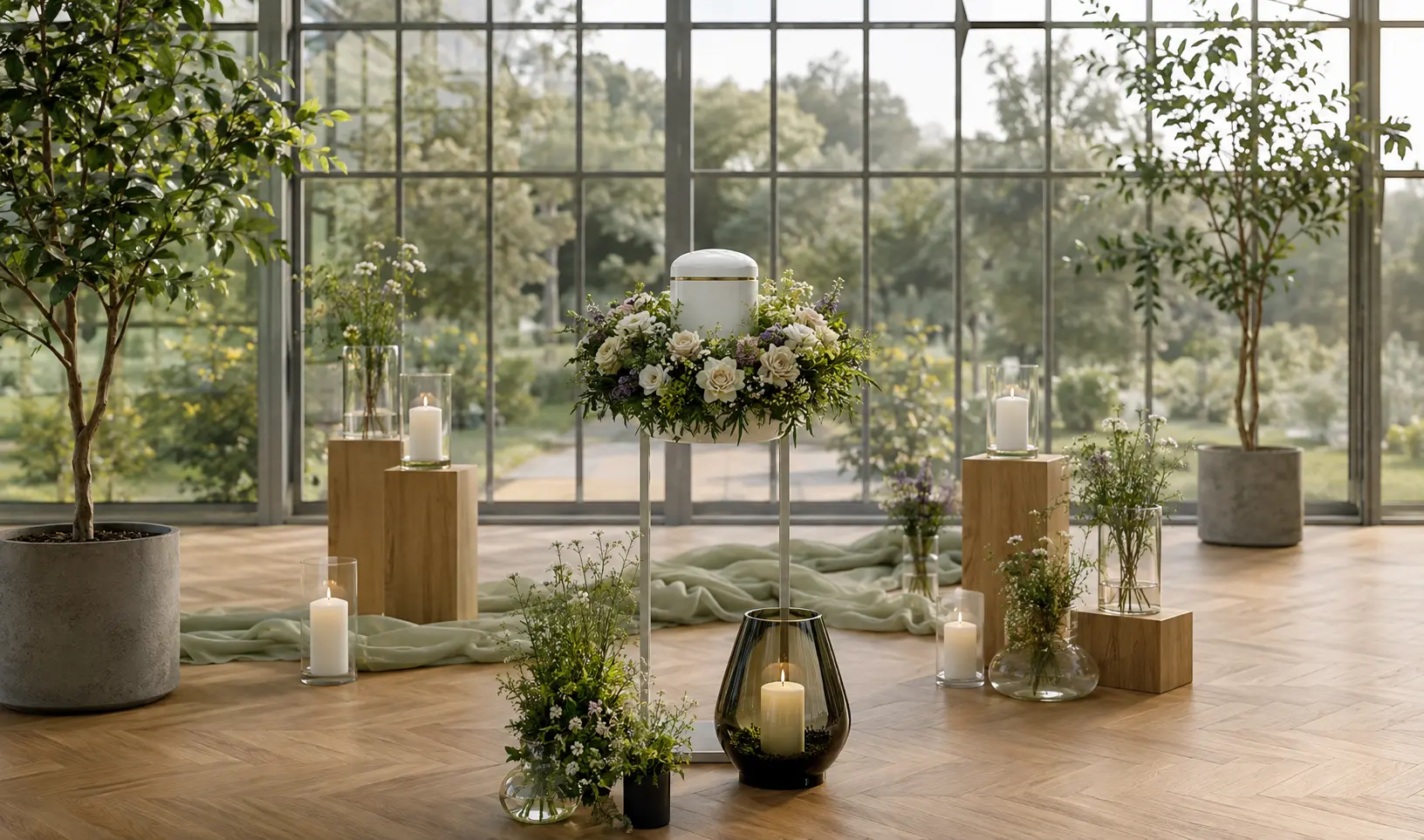 Modern gestalteter Abschied an einer Urne mit Blumen und Kerzen