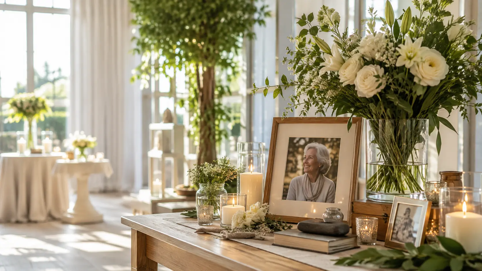 Persönliche Lebensfeier mit Erinnerungsfoto, Blumen und Kerzen