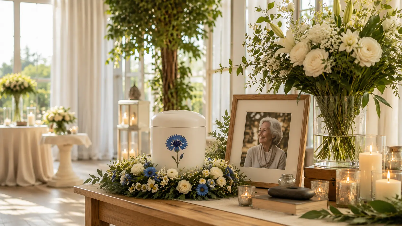 Persönlich gestalteter Erinnerungsort mit Urne, Blumen und Erinnerungsfoto