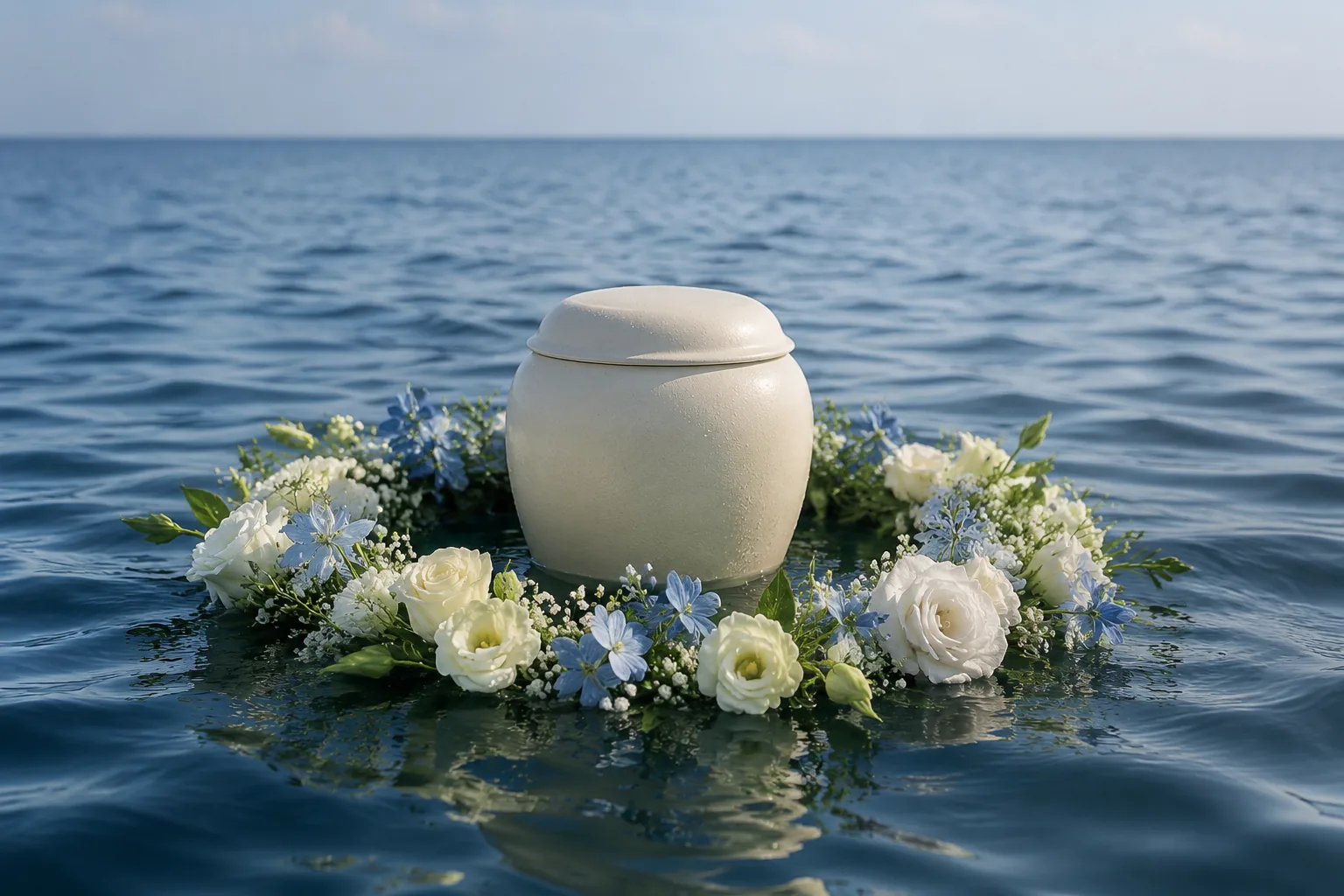 Helle Seeurne auf dem Meer, umgeben von einem blau-weißen Blumenkranz