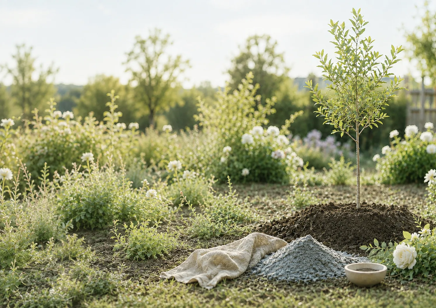 Junger Baum als lebendiger Erinnerungsort in hellem Garten